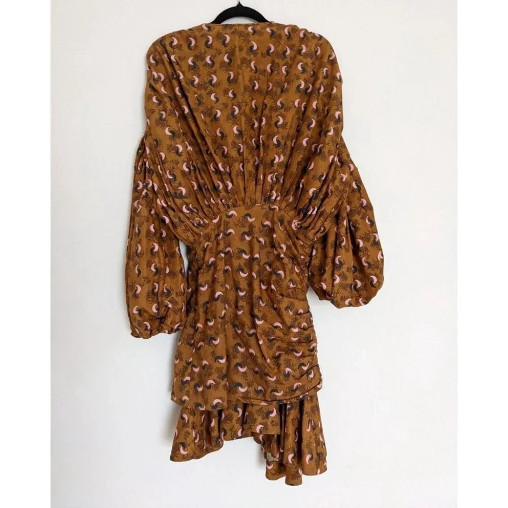 Acler Dorset Mini Dress Long Puff Sleeves Rouched Silk Blend Brown Pink Size 8 - Picture 5 of 10